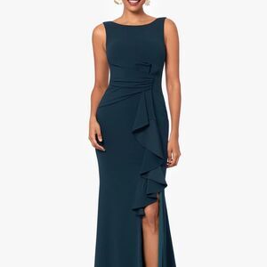 NEW BETSY & ADAM Pleated Waist Cascading Ruffle Dress with slit - size 4P